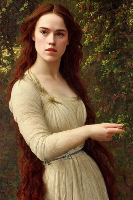 Image similar to a pre raphaelite painting of Daisy Ridley by dante gabriel rossett