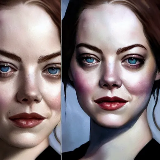 Image similar to emma stone : left - half is sad emma stone, right - half is smiling emma stone, fine details, realistic shaded lighting poster by greg rutkowski, magali villeneuve, artgerm, jeremy lipkin and michael garmash and rob rey