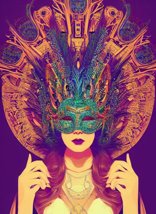 Prompt: centered detailed portrait of a masked woman wearing a venetian mask, vibrant peacock feathers, intricate, elegant, highly detailed, digital painting, artstation, smooth, sharp focus, illustration, illuminated lines, outrun, vaporware, intricate venetian patterns, cyberpunk darksynth, by audrey kawasaki and ilya kuvshinov and alphonse mucha