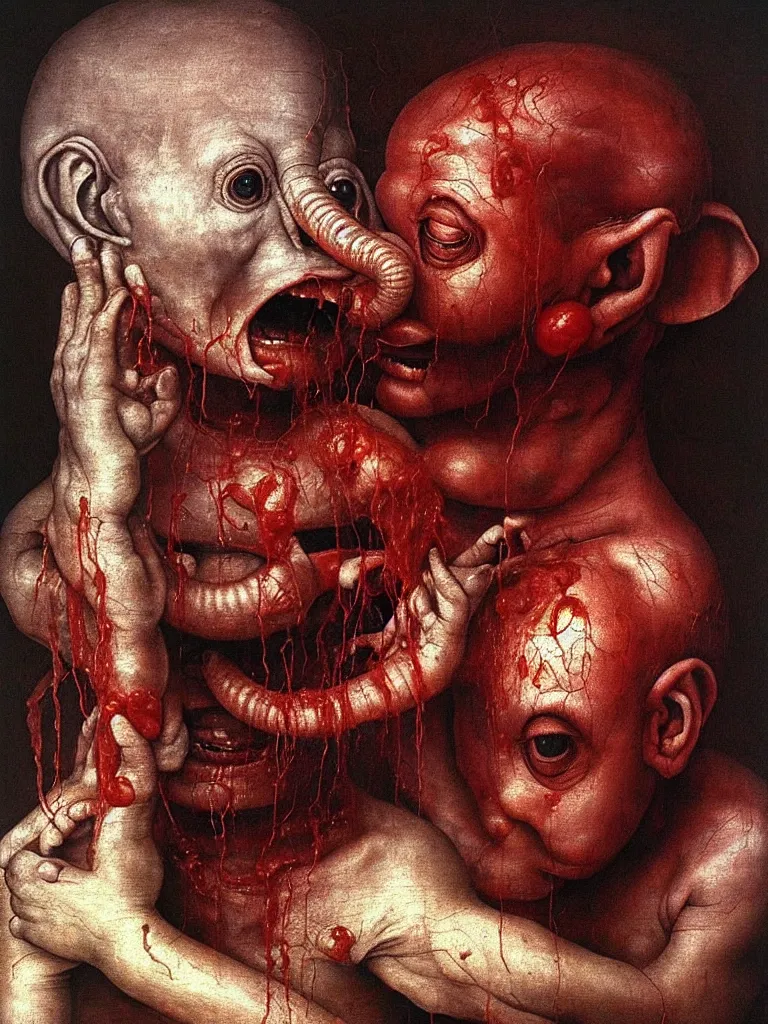 Image similar to a boy like eraserhead and elephant man sitting in a tub full of tomato sauce, looking straight at camera, screaming, by giuseppe arcimboldo and ambrosius benson, renaissance, fruit, intricate and intense oil paint, a touch of beksinski and hr giger and edward munch, realistic