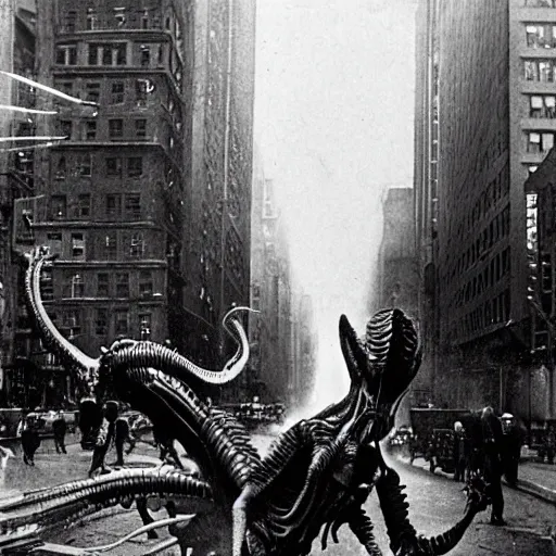 Image similar to old black and white photo, 1 9 1 3, depicting a xenomorph from the movie aliens rampaging through the bustling streets of new york city, historical record