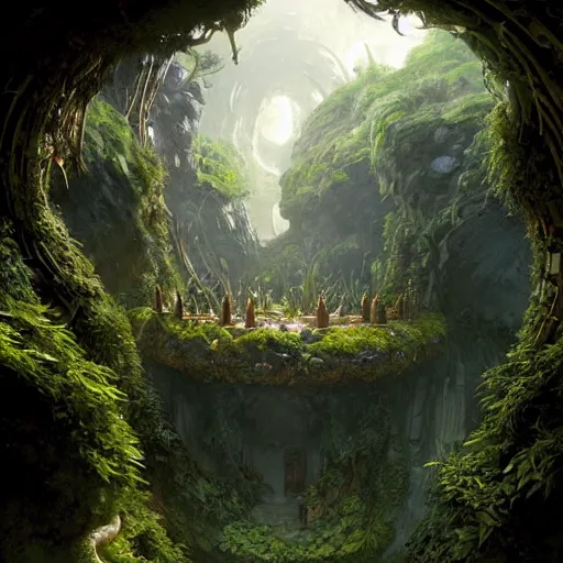 Image similar to worm's eye view of a elven headquarters carved inside a mountain above a lush garden, neat and tidy, magical, natural light, fantasy, sharp focus, concept art, by greg rutkowski and craig mullins, cozy atmospheric