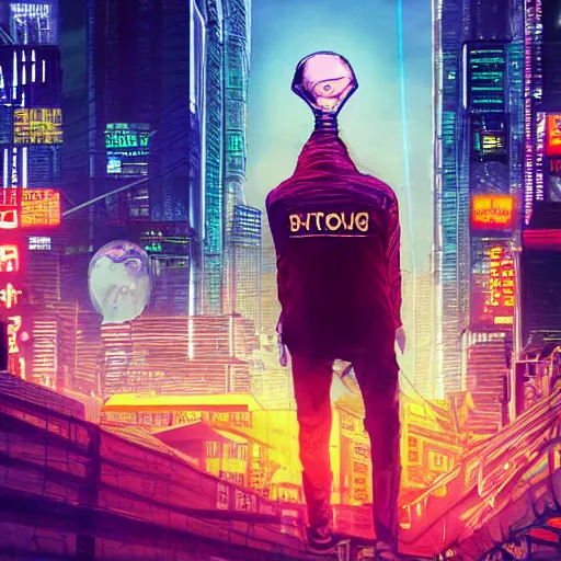 Image similar to giant with bitcoin head chasing people scared in cyberpunk city, cinematic composition, art by cointelegraph, hyper - detailed