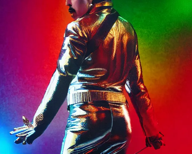 Image similar to 4 k hd, high resolution photograph of freddy mercury, full colour, shot with sigma f / 4. 2, 2 5 0 mm sharp lens, wide shot, high level texture render