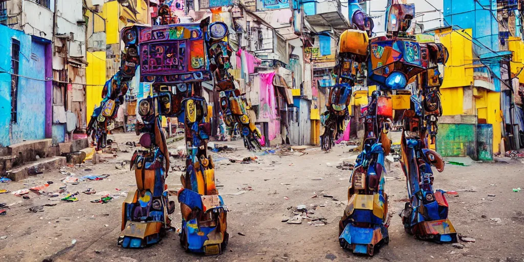 Image similar to colourful - damaged - giant mecha ROBOT of neon lit AJEGUNLE SLUMS of Lagos, markings on robot, Golden Hour,