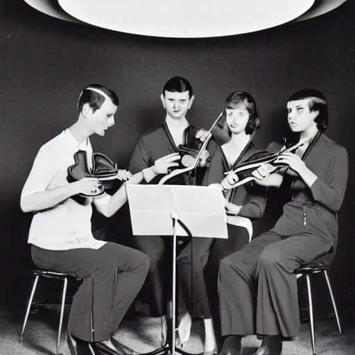 Prompt: a string quartet and three live coders performing in a space age setting, 1960s picture from a magazine