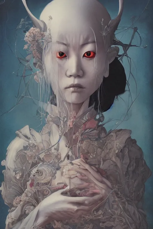 Image similar to a portrait of a japanese ghost illustrated by miyazaki by karol bak, james jean, tom bagshaw, rococo, sharp focus, trending on artstation, cinematic lighting, hyper realism, octane render, 8 k, hyper detailed, vivid, ultra detailed, highly detailed