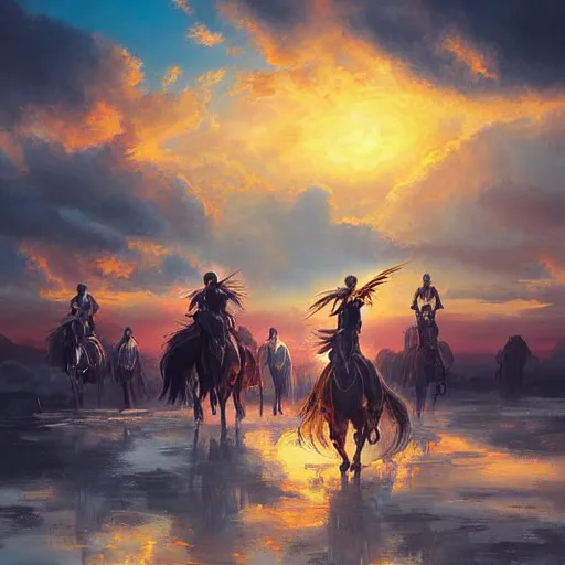 Prompt: a beautiful painting of ghost riders in the sky, sunset, by wlop, tooth wu and charlie russell