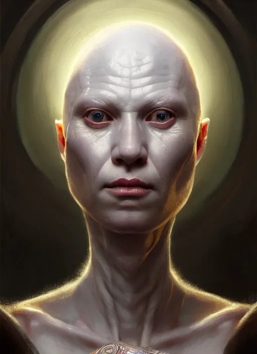 Prompt: portrait of an albino bald sick oracle, ancient oracle, intricate, elegant, glowing lights, highly detailed, digital painting, artstation, concept art, smooth, sharp focus, art by wlop, mars ravelo and greg rutkowski