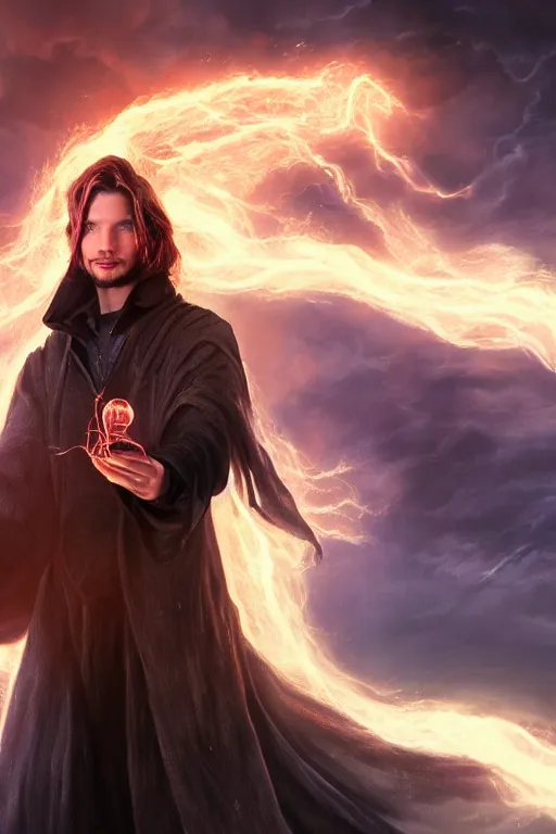 Prompt: Ben Barnes as a dark sorcerer, holding glowing magic before him in his hands, hair and cloak blowing in the wind, high detailed, hyper realistic, art station, 4k, 8k, atmosphere, cgstation