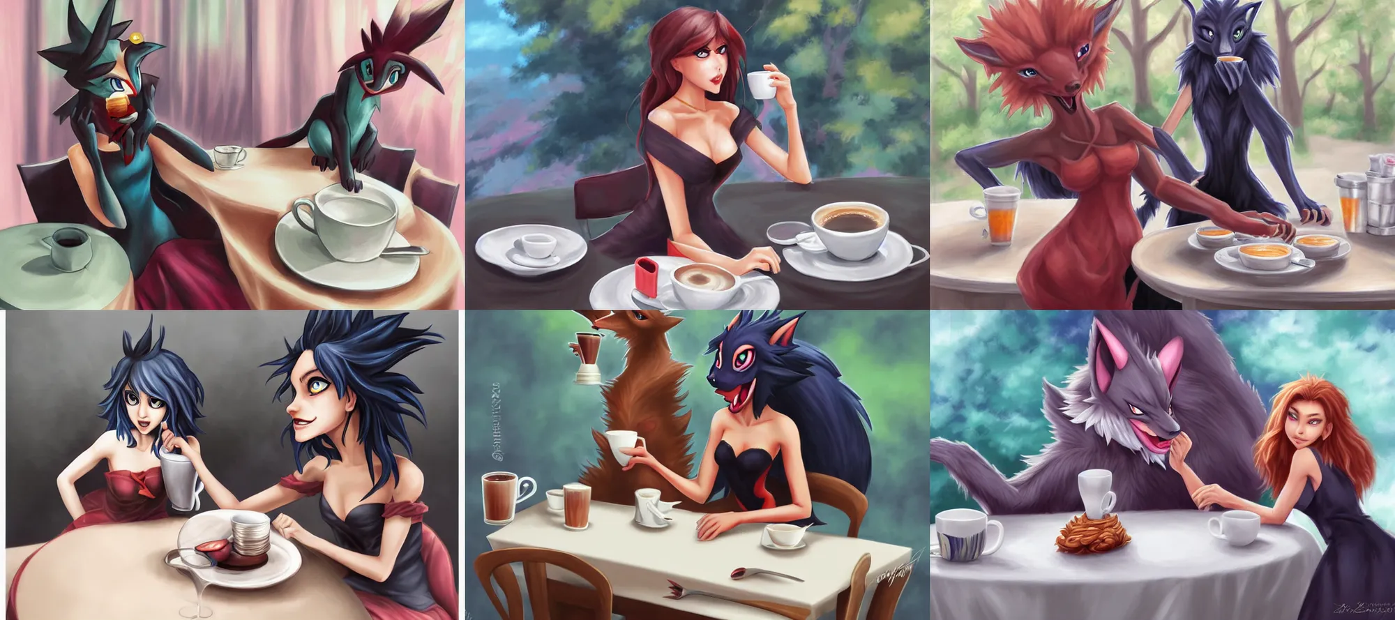 Prompt: zoroark wearing a sundress at a table with cup of coffee by artgerm