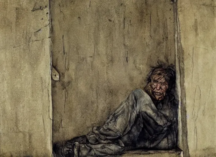 Image similar to shabby but smart faced homeless man in a dirt floored cell chained to a wall, talking questioningly, painting by andrew wyeth and alan lee, very detailed, somber mood,