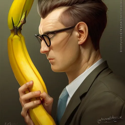 Image similar to an anthropomorphised banana in a business suit, artists portrait, fantasy, highly detailed, digital painting, concept art, sharp focus, depth of field blur, illustration, art by artgerm and greg rutkowski and alphonse mucha