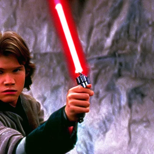 Image similar to A full color still from a film of a teenage Han Solo as a Jedi padawan holding a lightsaber hilt, from The Phantom Menace, directed by Steven Spielberg, 35mm 1990