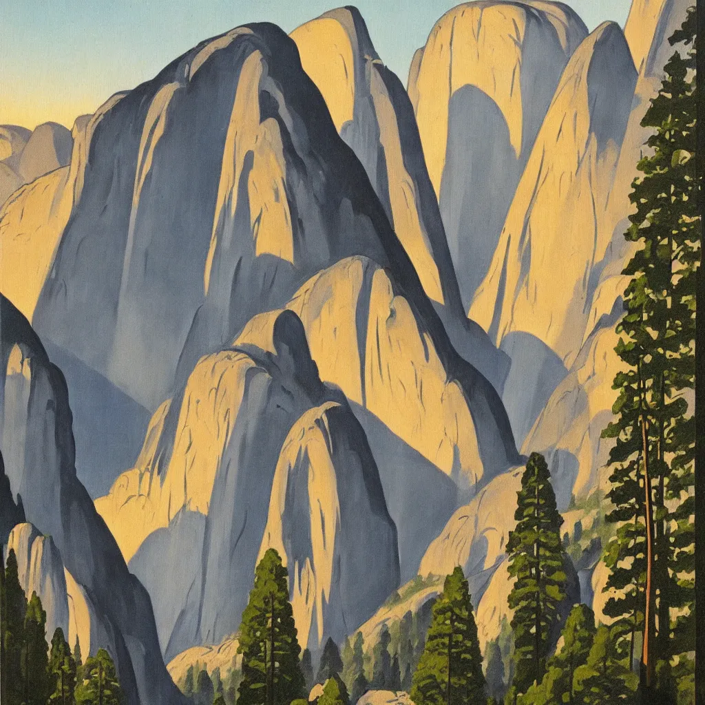 Prompt: an art deco painting of yosemite valley, art deco 1 9 3 0