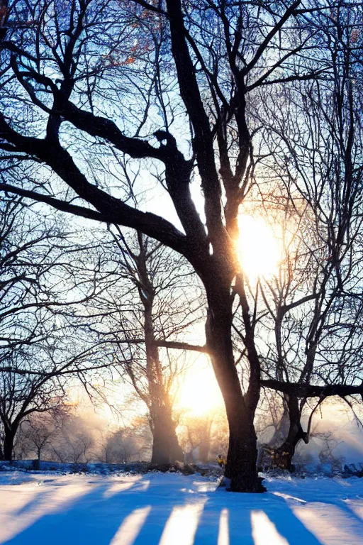 Prompt: Breathe in the air on a cold winter morning, morning light, backlit, photogenic, art