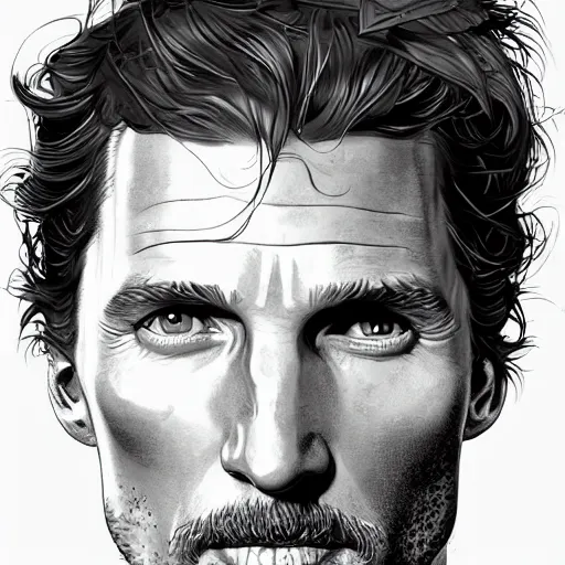 Image similar to a study of cell shaded portrait of matthew mcconaughey concept art, llustration, post grunge, concept art by josan gonzales and wlop, by james jean, Victo ngai, David Rubín, Mike Mignola, Laurie Greasley, highly detailed, sharp focus, alien, Trending on Artstation, HQ, deviantart, art by artgem