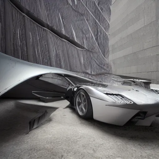 Image similar to khyzyl saleem car : car park : medium size: 7, u, x, y, o medium size form panels: motherboard medium size forms : zaha hadid architecture big size forms: brutalist medium size forms: sci-fi futuristic setting: Ash Thorp car: ultra realistic phtotography, keyshot render, octane render, unreal engine 5 render , high oiled liquid glossy specularity reflections, ultra detailed, 4k, 8k, 16k: blade runner 2049 color colors : cinematic, high contrast: tilt shift: sharp focus