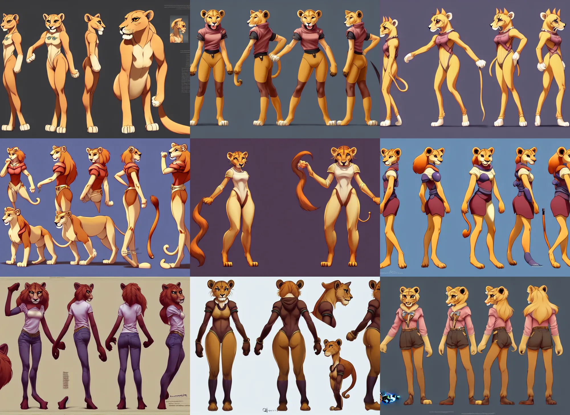 Prompt: beautiful full body portrait of a strong female anthropomorphic lioness fursona queen character reference sheet with front back and side profiles and different cute outfits. character design by disney, anime, manga, charlie bowater, ross tran, artgerm, and makoto shinkai, detailed, soft lighting, rendered in octane