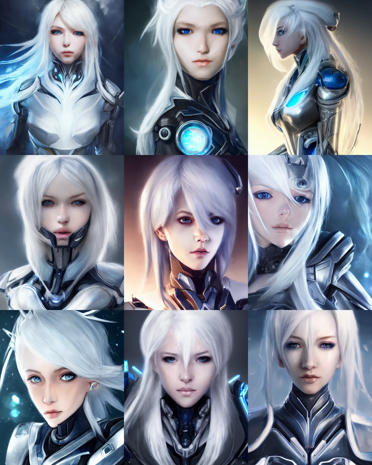 Image similar to detailed portrait of perfect white haired girl, android, warframe armor, beautiful, pretty face, blue cyborg eyes, innocent, scifi, 4 k, sun yunjoo, ultra realistic, aura of light, cinematic lighting, highly detailed, sharp focus, artstation, masterpiece, art by hyungjin yang and akihito tsukushi