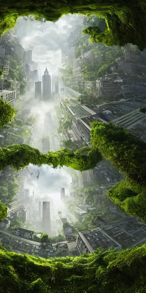 Image similar to an epic view of vines and moss growing on the empire state building, moss, jungle, with pterosaurs flying, close - up, low angle, wide angle, atmospheric, volumetric lighting, cinematic, 8 k, octane render, unreal engine, very realistic, highly detailed digital art, painted by tyler edlin