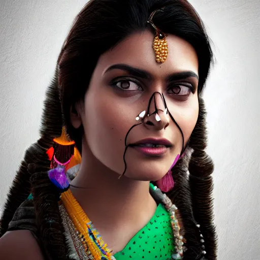 Image similar to a close-up on the beautiful face of an Indian woman in her 20s with a beetle crawling on her chin, trending on artstation, micro-details, 8k.