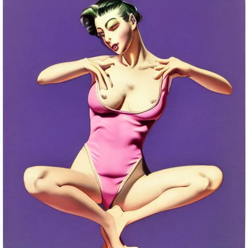 Prompt: hajime sorayama pink swimsuit 1 9 4 7, lithograph on paper