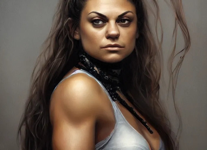 Prompt: portrait of muscled Mila Kunis with braided pigtails hair doing push-ups, wearing intricate black choker, elegant, highly detailed, centered, digital painting, artstation, concept art, smooth, sharp focus, illustration, artgerm, donato giancola, Joseph Christian Leyendecker, WLOP, Boris Vallejo, Artgerm