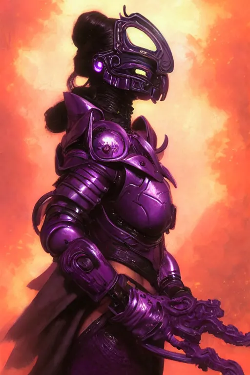 Prompt: extreme close up, facial portrait, woman with a long black ponytail in purple sci - fi armor, kitsune mask, mechanical shoulder pads with glowing runes, striking pose, portrait dnd, painting by gaston bussiere, craig mullins, greg rutkowski, yoji shinkawa