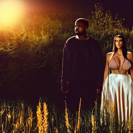 Image similar to Kanye West and Kim Kardashian in the middle of a garden, vintage camera, dreamy, atmospheric, golden hour, cinematic lighting, 8K concept art