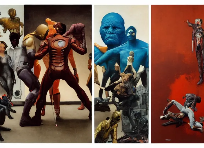 Image similar to a still from the movie avengers : infinty war of francis bacon and norman rockwell and james jean, a still from the movie the fly, and mark brooks, triadic color scheme, by greg rutkowski, syd mead and edward hopper and norman rockwell and beksinski, dark surrealism, orange and turquoise