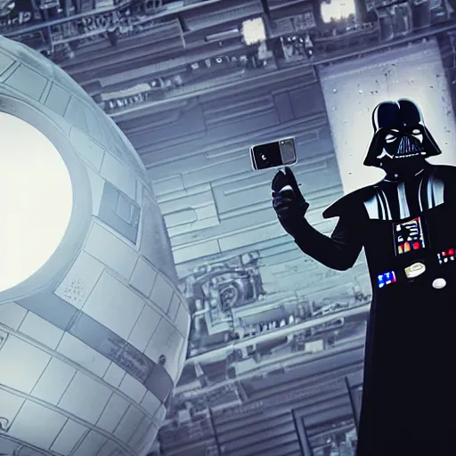 Image similar to darth vader taking a selfie in front of the death star ultrarealistic, intricate detail, high resolution, volumetric lighting, octane render, 8 k