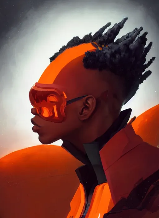 Image similar to full body side profile of a young black man with a mohawk wearing futuristic techwear, highly detailed clothing, angular jawline, digital painting, artstation, concept art, smooth, sharp focus, glowing orange light, digital illustration, art by wlop, uang guangjian and gil elvgren and sachin teng and greg rutkowski