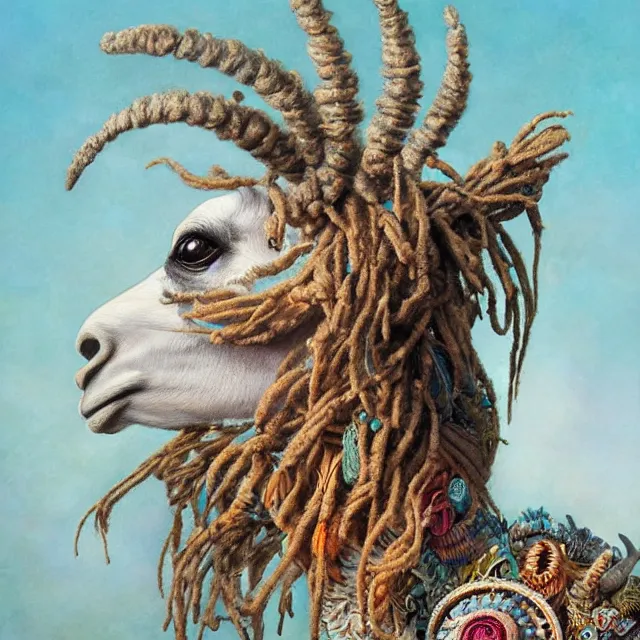 Prompt: llama with dreadlocks, by mandy jurgens, ernst haeckel, james jean. in the style of art deco