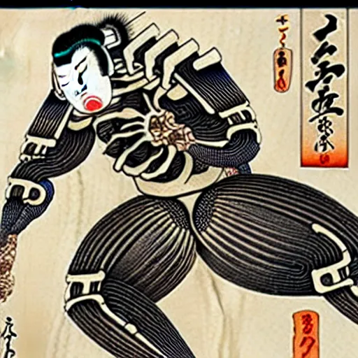 Image similar to biomechanical ukiyo - e woodblock, very detailed, hyperrealistic