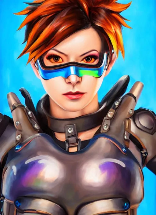 Prompt: overwatch style oil painting portrait of tracer overwatch, confident pose, wearing black iridescent rainbow latex, rainbow, neon, 4 k, expressive surprised expression, makeup, wearing detailed black leather collar, wearing sleek armor, studio lighting, black leather harness, expressive detailed face and eyes,