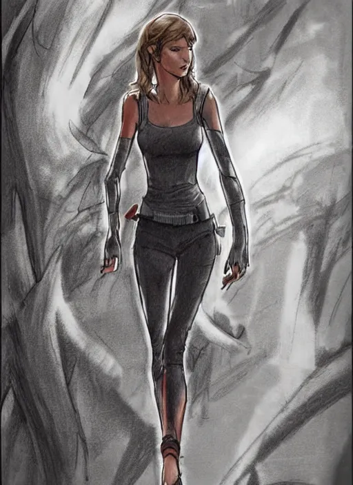 Image similar to beautiful concept art comic book drawing of taylor swift hiking by randy vargas and simon bisley