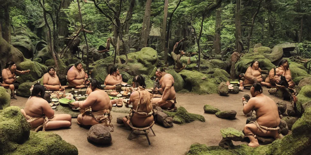 Image similar to photo, neanderthal people, sumo japanese, eating inside mcdonalds, surrounded by dinosaurs!, gigantic forest trees, sitting on rocks, bright moon