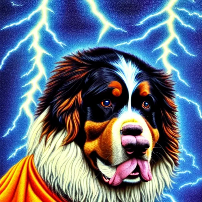 Image similar to an anthropomorphic male bernese mountain dog ( wearing a toga ), shooting lightning bolts, by alex grey, intricate details, artstation, furry, psychedelic, hd, beautiful