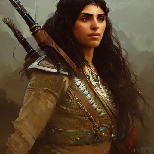 Prompt: portrait of a kurdish warrior, highly detailed, digital painting, artstation, concept art, sharp focus, illustration, art by art germ and greg rutkowski and alphonse mucha