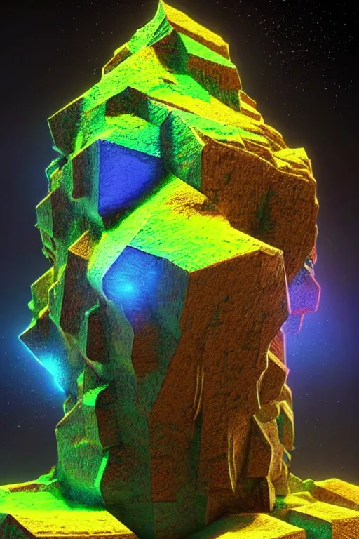 Image similar to concept art of totally fractal bismuth mineral giant golem : : shiny rainbow bismuth fractalization patterns : : extremely high details, masterpiece, photorealistic, hyperrealism, vray, octane render, volumetric lighting, depth of field, bokeh, artstation, cgsociety by elyse graham, johannen voss, greg broadmore