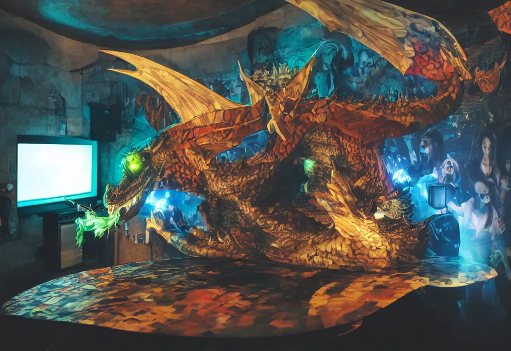 Image similar to 3 d dragon popping out of curved movie screen, 3 d medieval knight popping out of curved movie screenvolumetric lighting, bedroom, visor, users, pair of keycards on table, bokeh, creterion collection, shot on 7 0 mm, instax