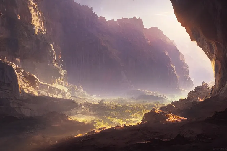 Image similar to a busy science - fiction base hidden in a canyon, river, morning, james paick, artstation