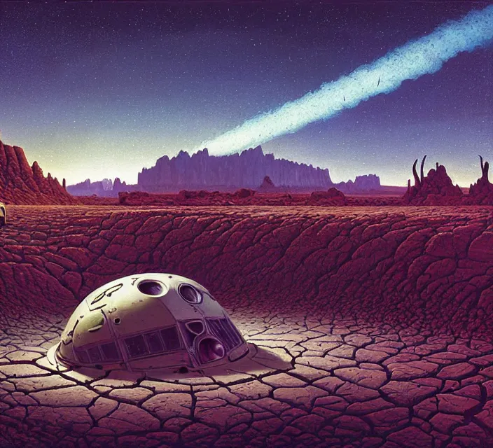 Image similar to the 👽 crash site at a dry river bed in a barren 🏜 by ivan shishkin and zacharias aagaard and simon stalenhag and dan mumford and josan gonzalez and escher, chiaroscuro, tonalism, sfumato, high saturation, retrowave