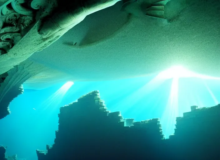 Image similar to atlantis, an amazing underwater city glowing with light below turbulent waters above