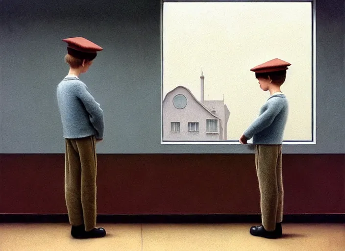 Image similar to a very boring day in school, painting by quint buchholz and ray caesar, muted colors, gray, dull, boring, low energy, pale blue faces, very detailed