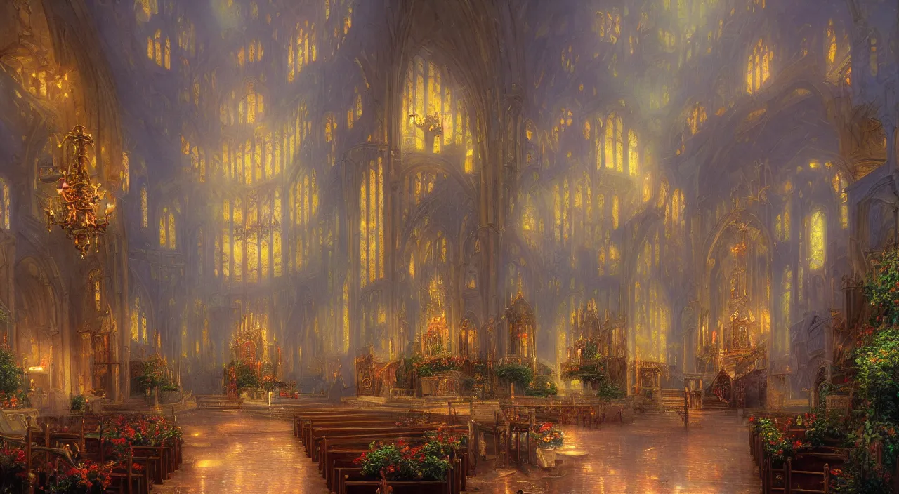 Prompt: Inside of a church, matte painting by Thomas Kinkade,