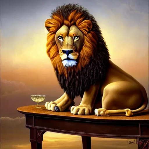Prompt: a lion sitting an antique table, a detailed matte painting by vladimir kush, cgsociety, furry art, airbrush art, detailed painting, matte painting