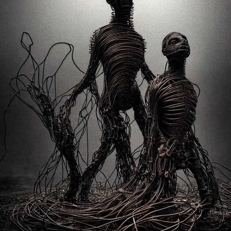 Image similar to portrait of abandoned ribbed sculpture of two kissing cyborgs, covered with wires, spines, roots, ash, mold, baroque painting, standing in a desolate empty wasteland, creepy, nightmare, dream-like heavy atmosphere, dark fog, surreal abandoned buildings, baroque painting, beautiful detailed intricate insanely detailed octane render trending on Artstation, 8K artistic photography, photorealistic, volumetric cinematic light, chiaroscuro, zoomed out, Raphael, Caravaggio, Beksinski, Giger