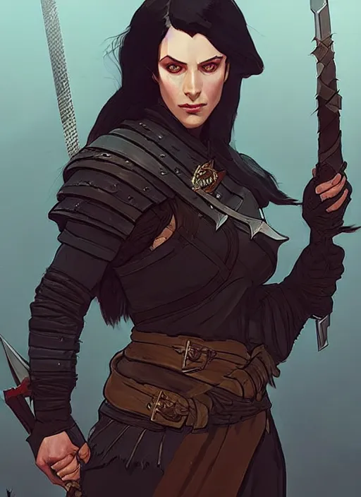 Image similar to concept art of a dangerous dark haired female warlord. witcher 3 character design by laurie greasley and sherree valentine daines concept art, matte, sharp focus, illustration, hearthstone, art by artgerm and greg rutkowski and alphonse mucha